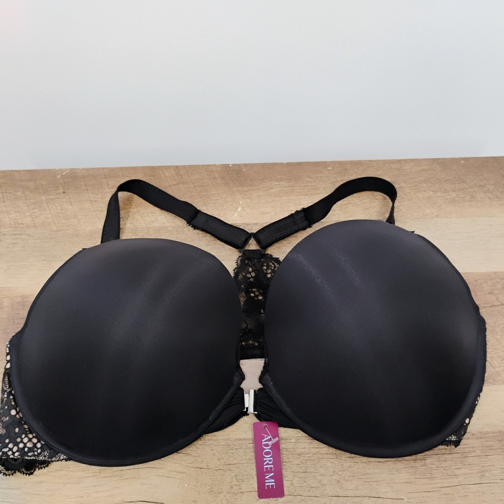 Adore Me Black Lace T‎ Back Bra 44D Sexy Plunge Push Up Underwire NEW